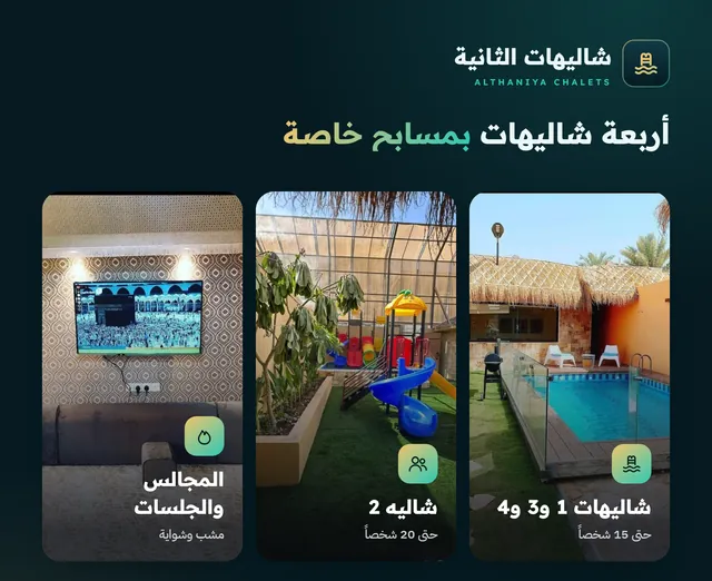 Holiday chalets concept ad: four chalets with private pools, with photos of a majlis, a play area and a pool